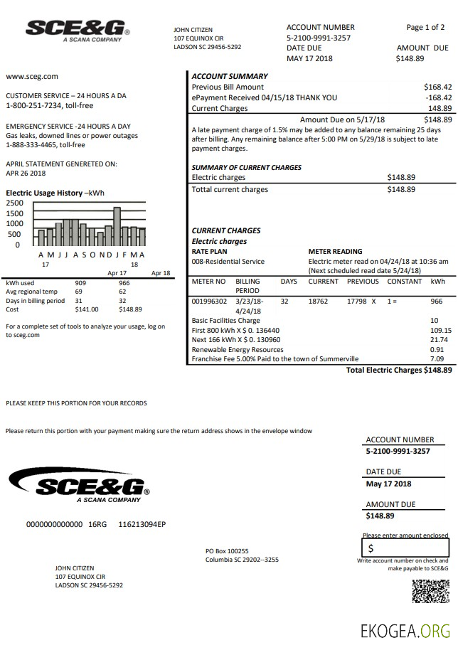 USA South Carolina SCE&G electricity utility bill template in Word and PDF format